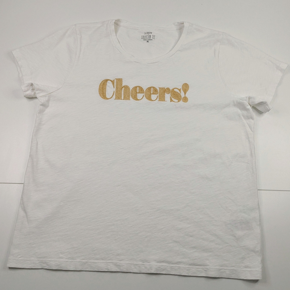 J. Crew Factory White Tee with Gold 'Cheers!' Print Women's XL - Picture 4 of 11